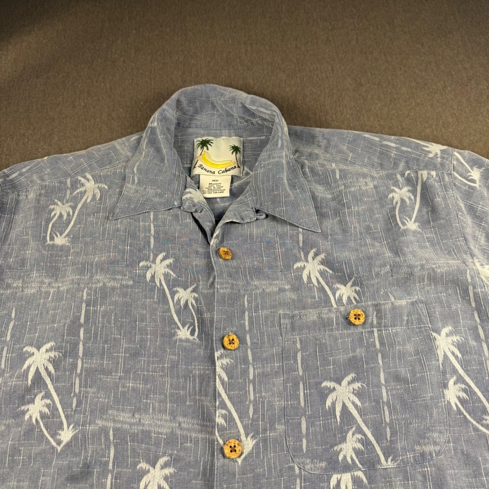 Banana Cabana Mens Blue Silk Palm Tree Print Short Sleeve Button Up Shirt Medium
